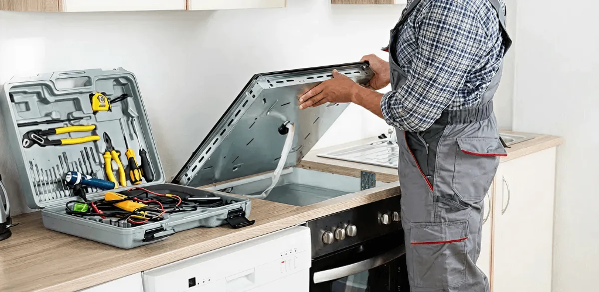 Handyman repairing a cooktop and checking wiring connections in Fort Lauderdale, FL