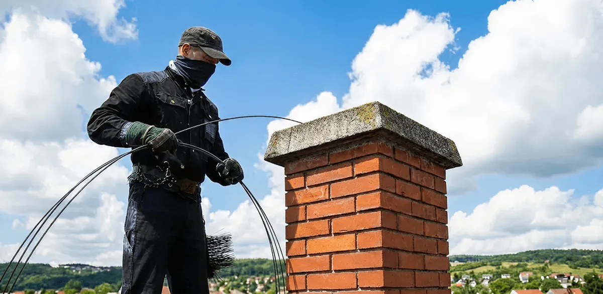 Chimney sweep cleaning a brick chimney with professional tools in Fort Lauderdale, FL